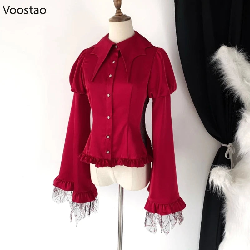 Victorian Vintage Lolita Style Shirt Women Casual Gothic Mesh Lantern Sleeve Slim Blouse Female Y2k Aesthetic Kawaii Tops Blusas