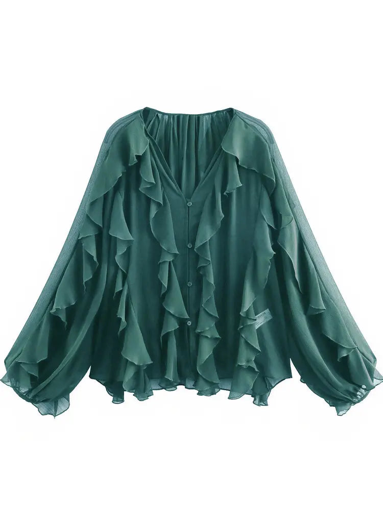 RBB Women's Summer V-Neck Ruffle Blouse – Sheer Tiered Button-Front Beach Top