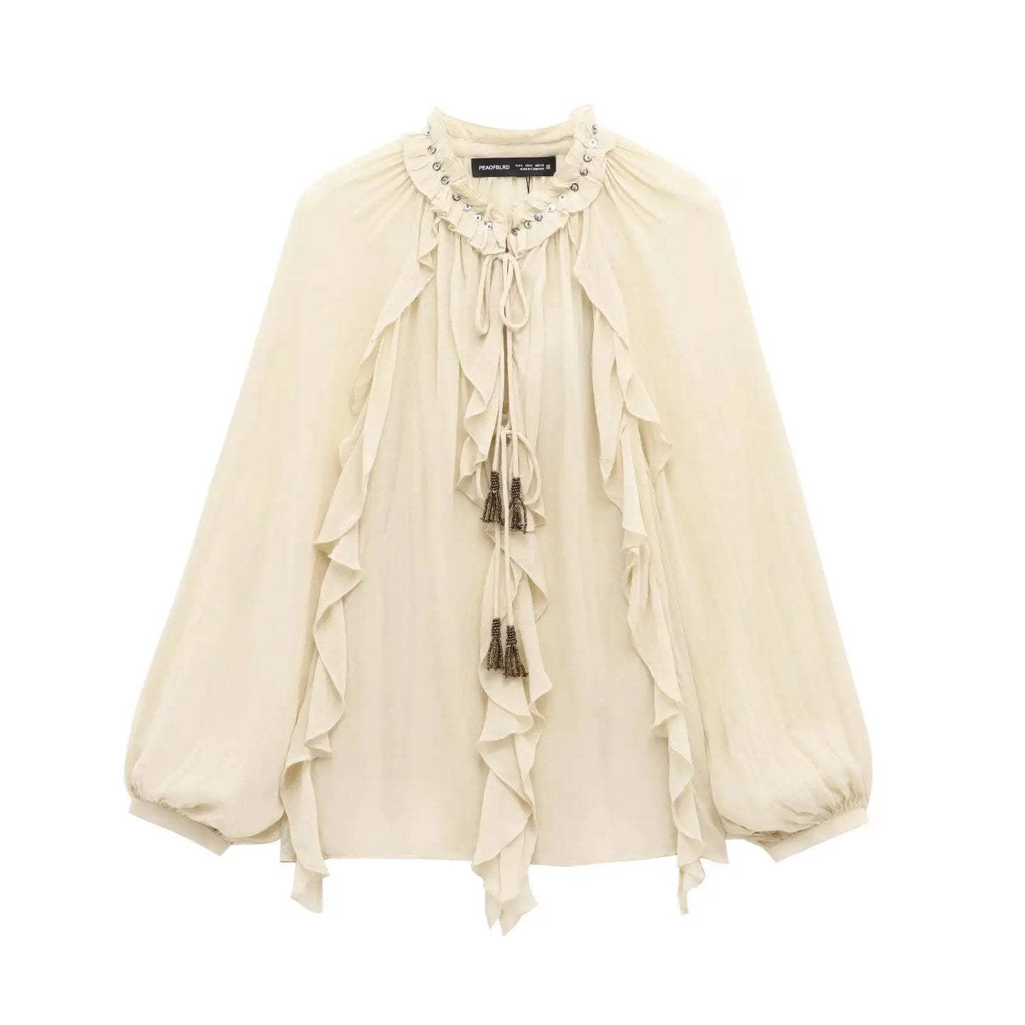 ETJ Spring 2025 New traf Women's Fashion Translucent fabric beaded rivets decorated V-neck lace ruffled romantic shirt