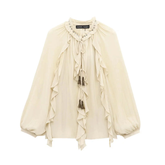 ETJ Spring 2025 New traf Women's Fashion Translucent fabric beaded rivets decorated V-neck lace ruffled romantic shirt
