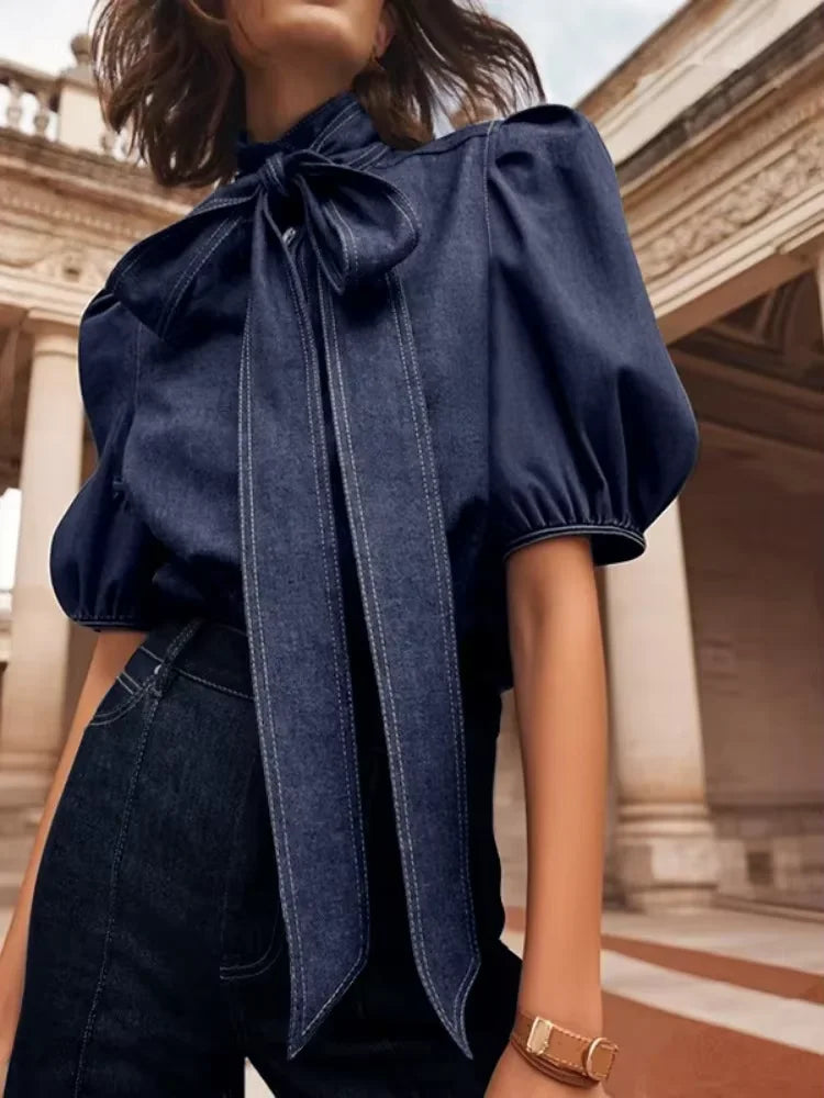 RBB Women's Imitation Denim Blouse – High Neck Puff Sleeve Top with Bow Detail