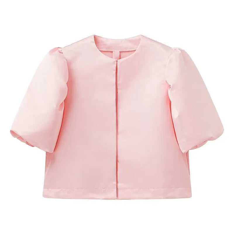 Spring Summer New Women's Fashion Casual Shirt Satin Bubble Sleeves Round Neck Loose Short Top Female Elegant Solid Blouses