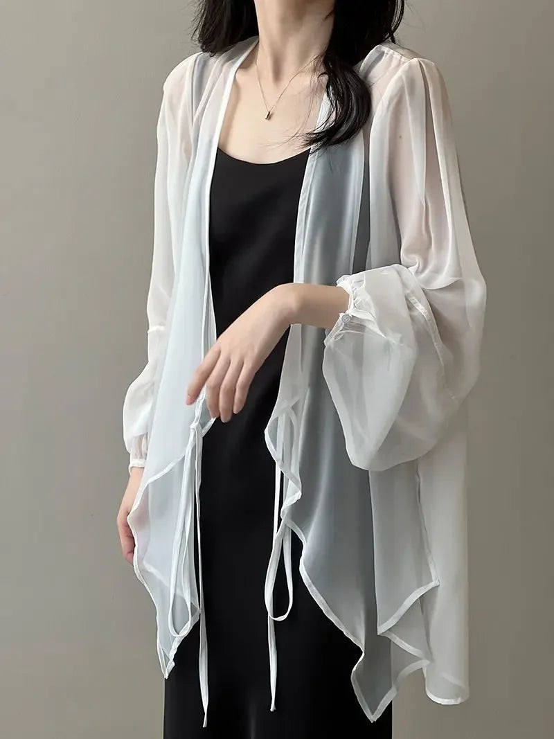 RBB Women's V-Neck Chiffon Shirt – Loose Fit Lace-Up Long Sleeve Summer Blouse