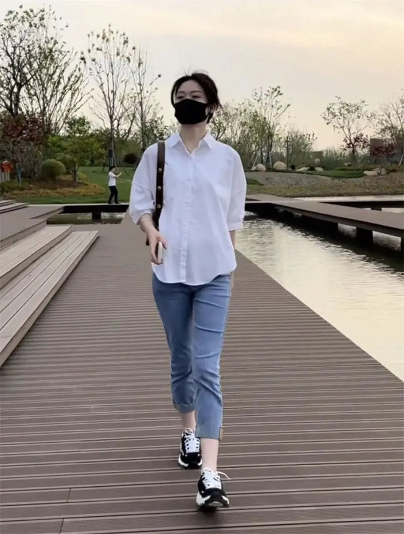 Cotton Mid-sleeve Thin Woman Blous Shir 2025 Summer New Loose Fashion Irregular Shirt Casual Vacation Top Korean Women's Clothes