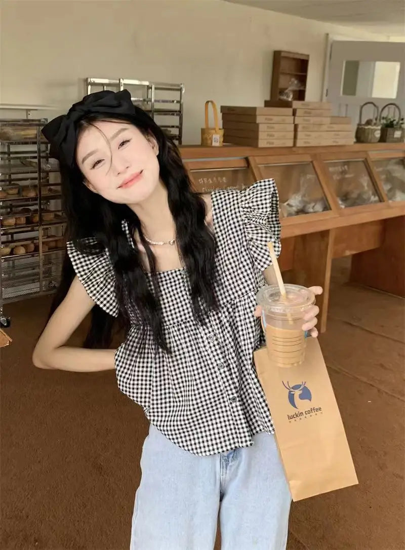 Women's Korean Style Cotton Summer Shirt - Breathable Square Neck Checkered Cute Loose Top with Small Flutter Sleeve