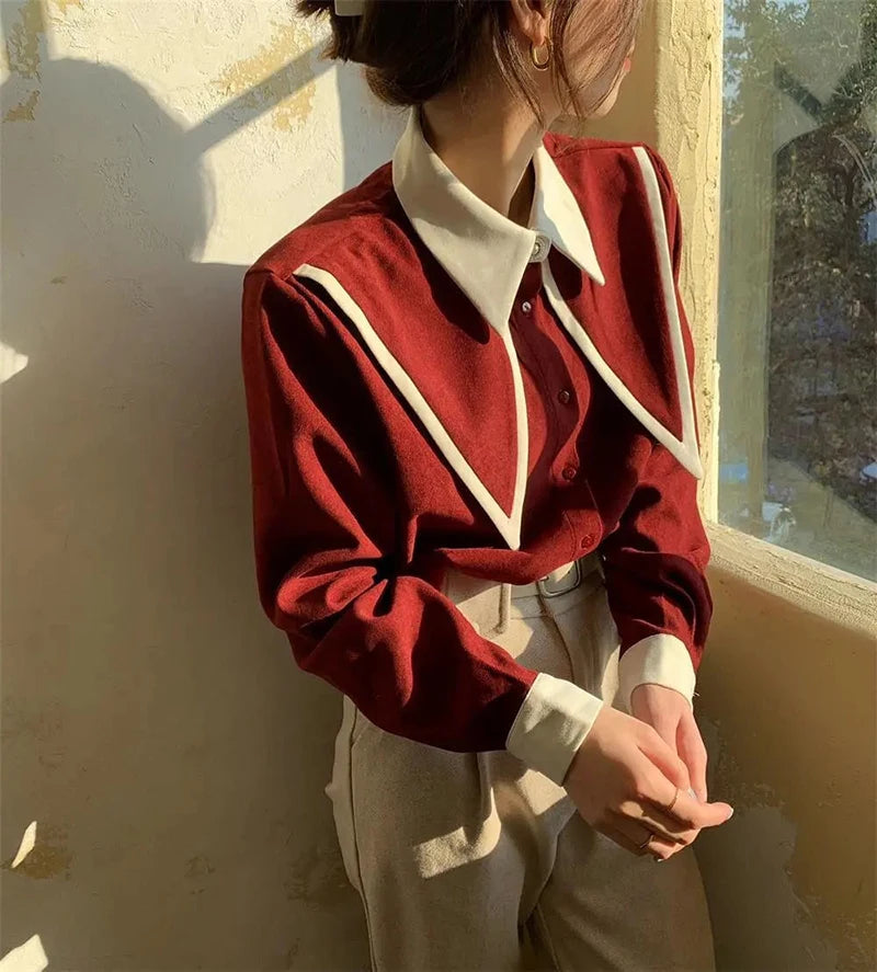 MEXZT Vintage Chiffon Shirts Women Elegant Patchwork Long Sleeve Blouses Office Lady Korean Black Turn Down Collar Casual Tops