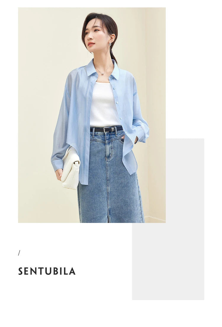 SENTUBILA Sheer Knot Shirts Women 2025 Elegant Casuals Long Drop Sleeve Button Up Shirts & Blouses Female Clothes 132C48674