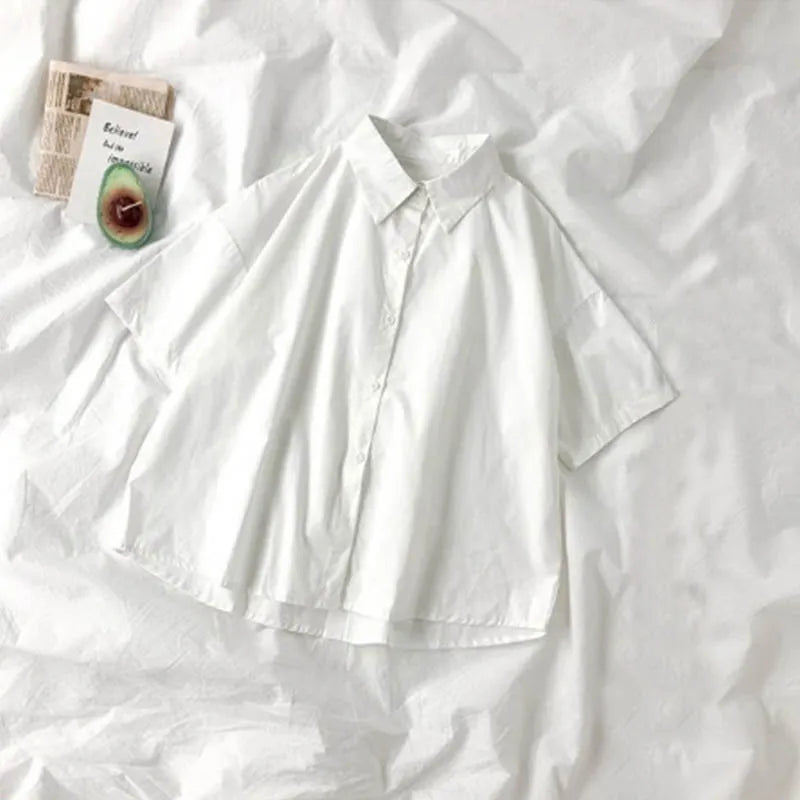 DAYIFUN 2025 White Shirt Women Blusas Short Sleeve Lapel Blouse with Tie Japanese Fashion Student Summer Daily College Style Top