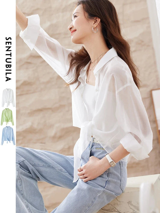 SENTUBILA Sheer Knot Shirts Women 2025 Elegant Casuals Long Drop Sleeve Button Up Shirts & Blouses Female Clothes 132C48674
