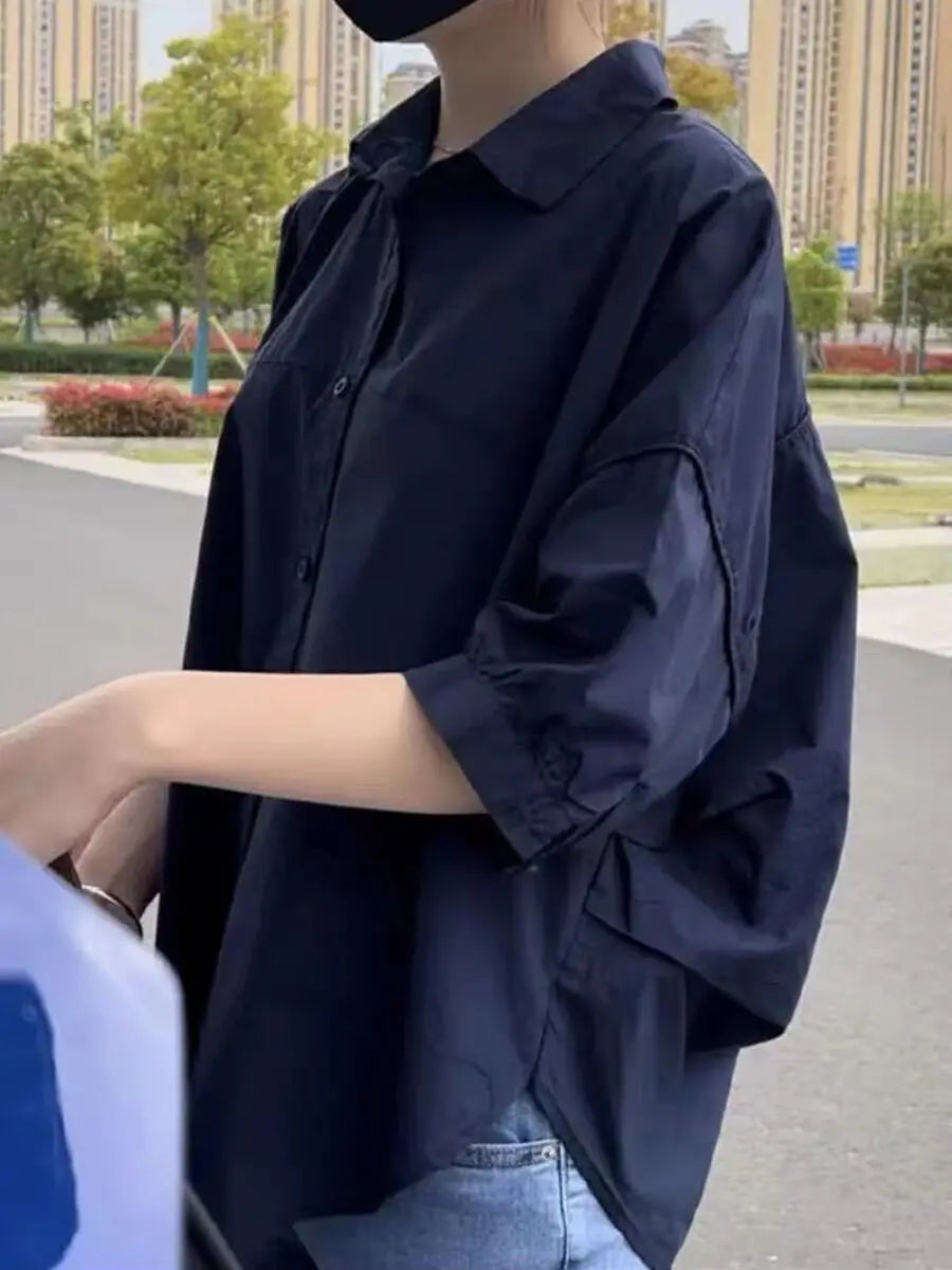 Cotton Mid-sleeve Thin Woman Blous Shir 2025 Summer New Loose Fashion Irregular Shirt Casual Vacation Top Korean Women's Clothes