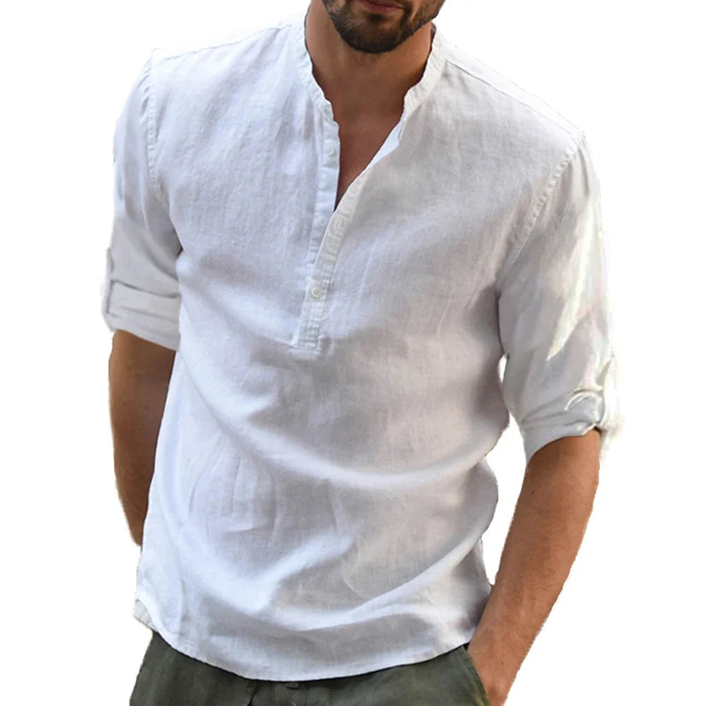 RBB Men’s Cotton Linen Long Sleeve Shirt – Summer Solid Color, Stand-Up Collar