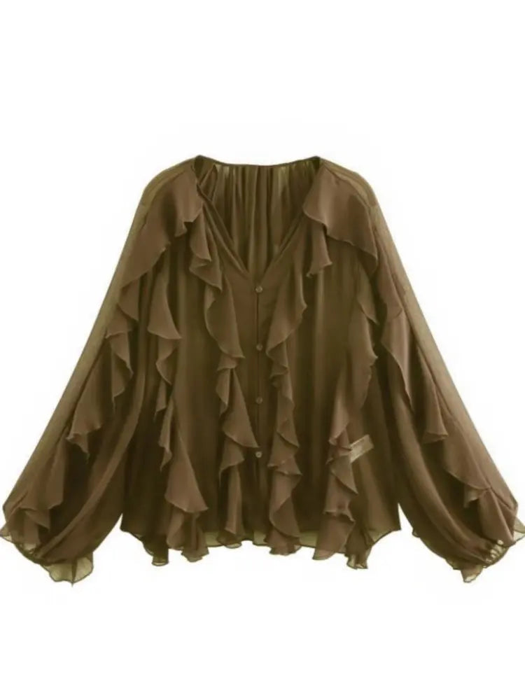 RBB Women's Summer V-Neck Ruffle Blouse – Sheer Tiered Button-Front Beach Top