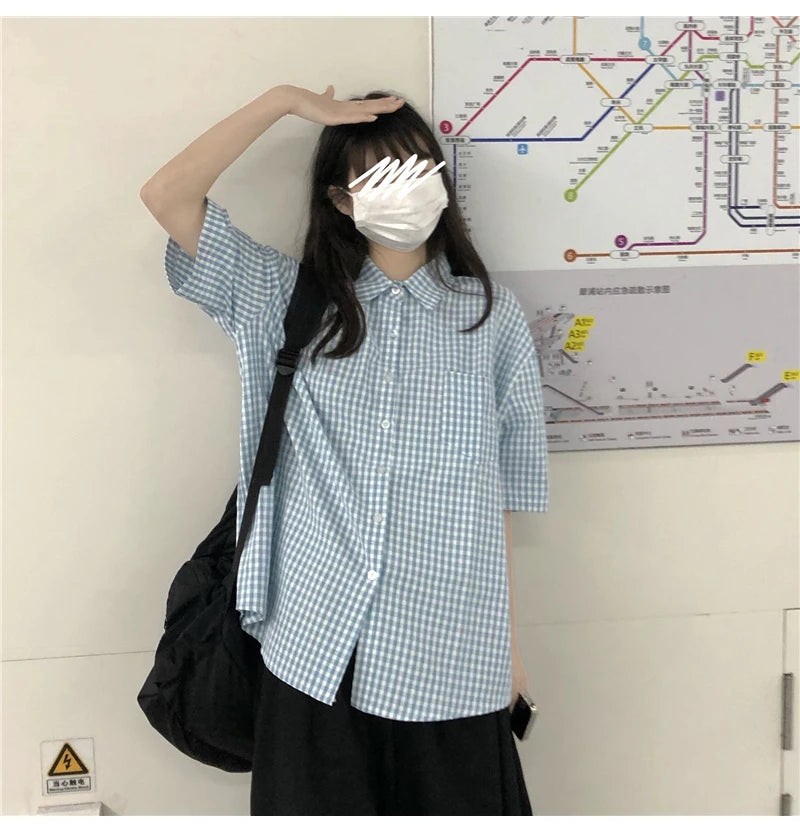 Plaid Shirts for Women Youthful Commuting Fresh Pocket Summer Short Sleeve Tops Tender Hipster Vintage American Style All-match