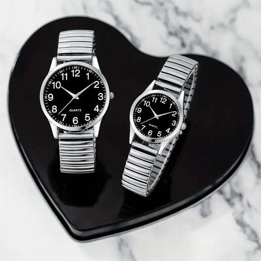 RBB 2PCS Unisex Black Quartz Watch Set – Elastic Band, Arabic Numerals, Matching Couple Watches