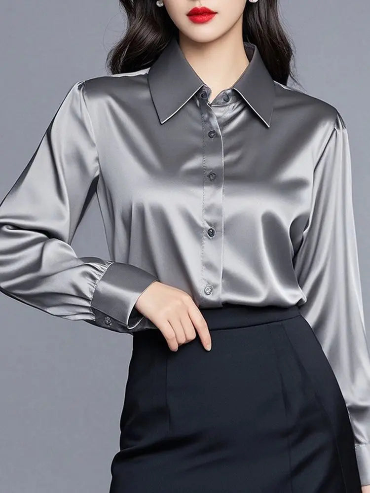 Elegant Silk Office Shirts Women Korean Fashion Y2k Clothes Slim Long Sleeve White Black Blusas Mujer Workwear Tops and Blouses