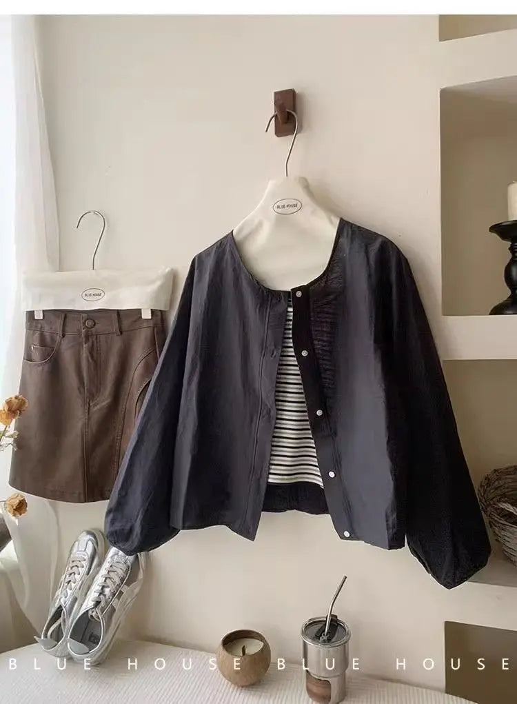Fall Korean Sle Casual Long Sve irt Women's Versatile Artistic Outerwear round Ne Top Coat Women Loose Fit Commute S...