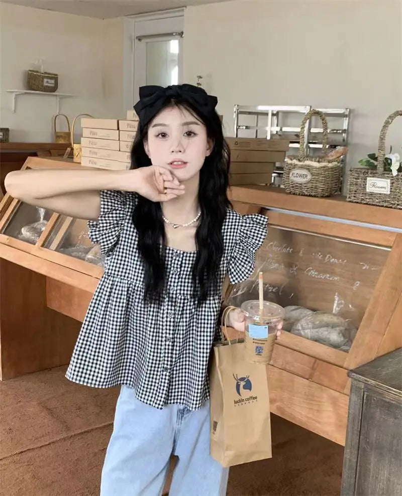 Women's Korean Style Cotton Summer Shirt - Breathable Square Neck Checkered Cute Loose Top with Small Flutter Sleeve