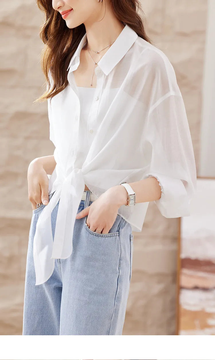 SENTUBILA Sheer Knot Shirts Women 2025 Elegant Casuals Long Drop Sleeve Button Up Shirts & Blouses Female Clothes 132C48674