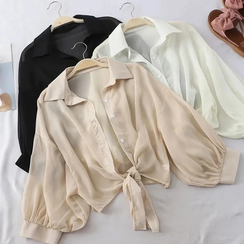 RBB Women's Elegant Hollow Blouse – Tied Waist Chiffon Shirt with Bat Half Sleeves (Summer