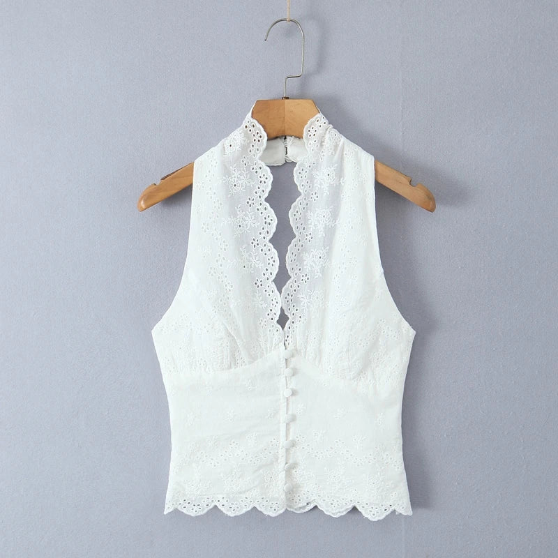 XNWMNZ 2024 Winter New Woman Elegant Halter Collar Waistcoat Vest Trendy Autumn Lady Sleeveless Gilet Hollow Out Regular Fit Top