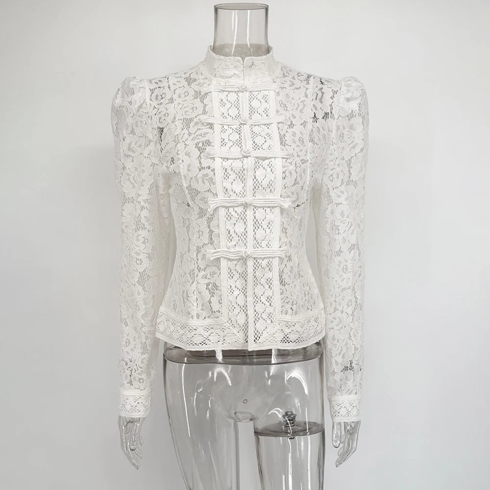 Tuularose Luxury Lace Blouse Fashion Lace Print Single Breasted Slim Shirt Vintage Elegant Party Looks Summer Women Blouse Tops