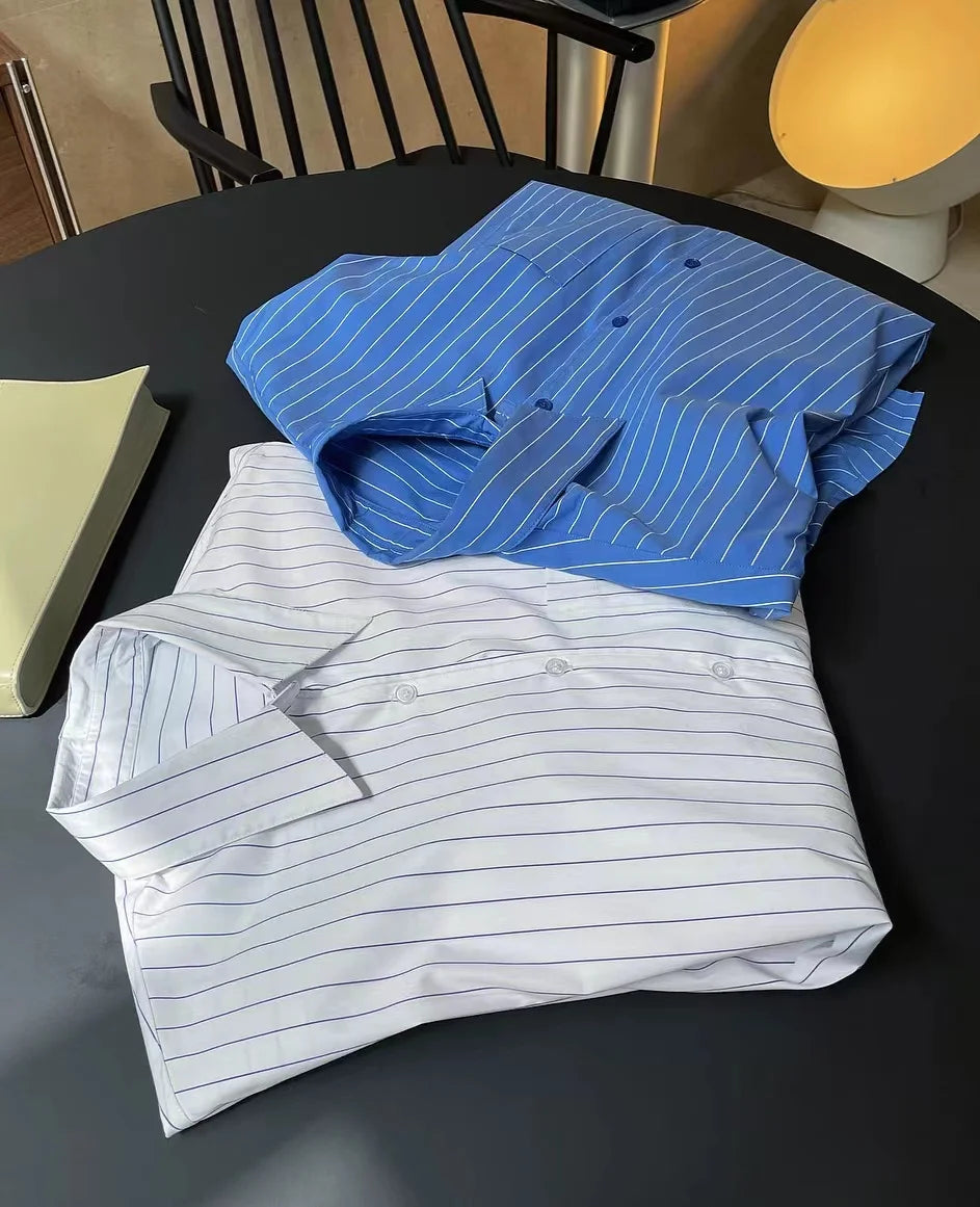 Spring/Summer Women's Striped Polo Neck Long Sleeve Pocket Decoration Loose Shirt
