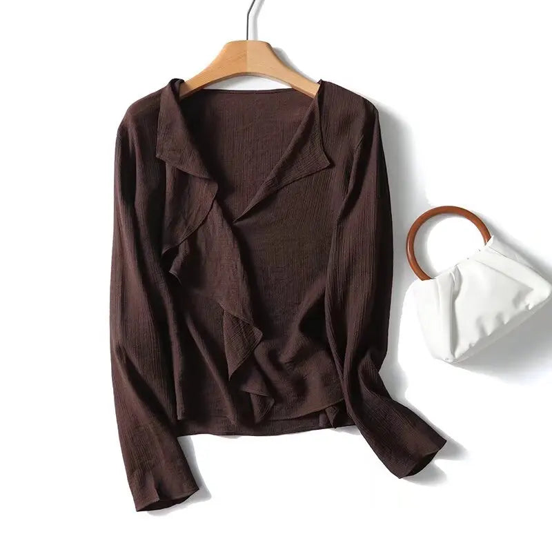 YENKYE Spring 2025 Women Brown Long Sleeve V Neck Ruffle Shirt Office Casual Blouse Blusas Mujer