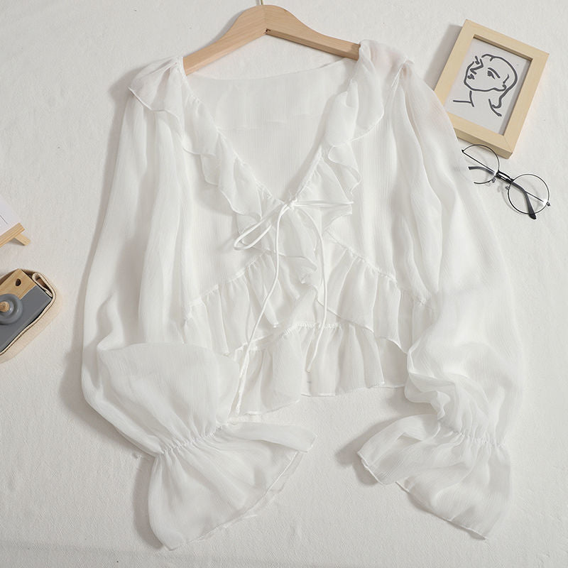 Blouses Women Lace-up Summer New Design Thin Trendy Long Sleeve Leisure Sweet Girls All-match Korean Style Tender Streetwear Ins