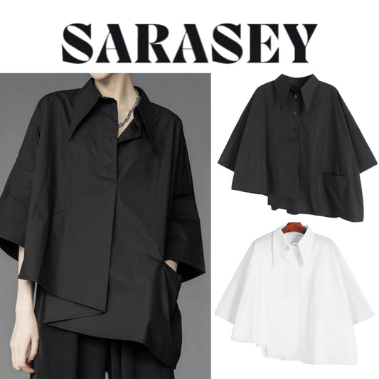 2025 Women Shirt Three Quarter Sleeve Blouse Irregular Hem Single breasted Solid Color Loose Lapel Summer Spring Shirt Top