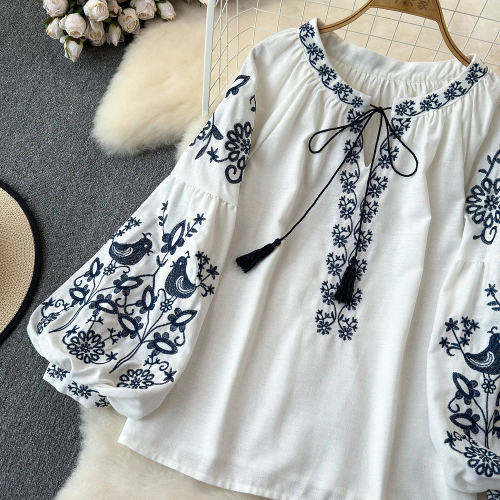RBB Women's Retro Ethnic Embroidered Shirt –  Style Loose Long Sleeve Blouse