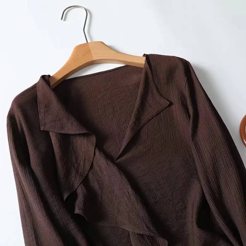 YENKYE Spring 2025 Women Brown Long Sleeve V Neck Ruffle Shirt Office Casual Blouse Blusas Mujer