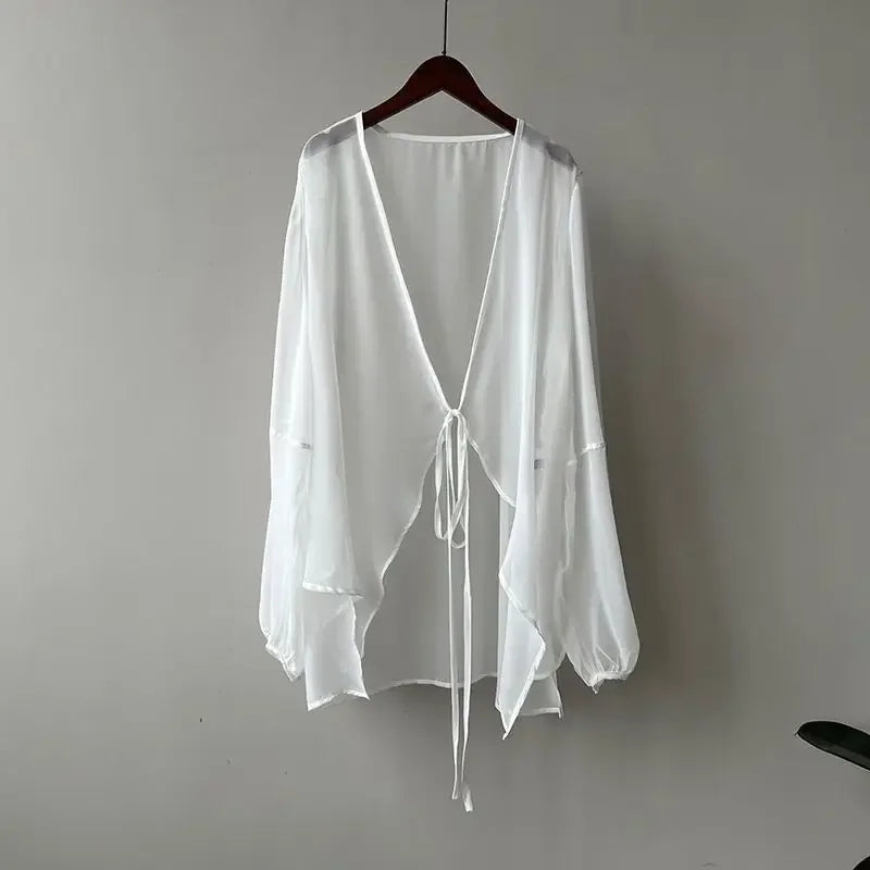 RBB Women's V-Neck Chiffon Shirt – Loose Fit Lace-Up Long Sleeve Summer Blouse