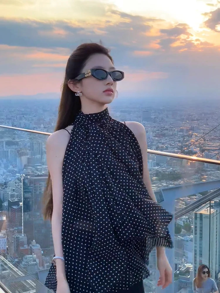 Women Blouses Sleeveless Polka Dots Loose Kawaii Lace-up Sweet Elegant Bow Temperament Design Korean Style Summer Fashion Chic