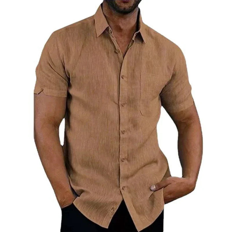 RBB Men’s Summer Cotton Linen Shirt – Short Sleeves, Turn-Down Collar, Casual Beach Style