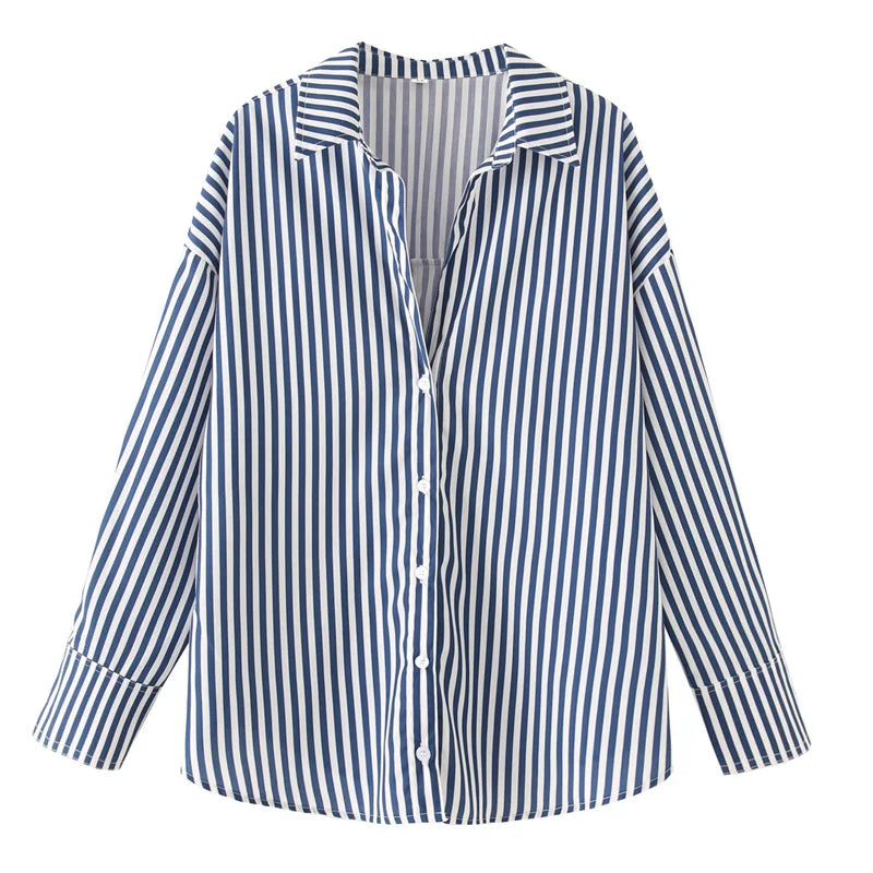 TRAF 2025 Women's Shirt Long Blue Shirt Women Spring Long Sleeve Oversize Shirts Blouses Korean Style Casual Button Up Shirts