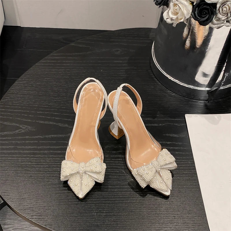 RBB Women's Transparent PVC High Heels with Pearl Bow – Pointed Toe Wedding & Party Pumps