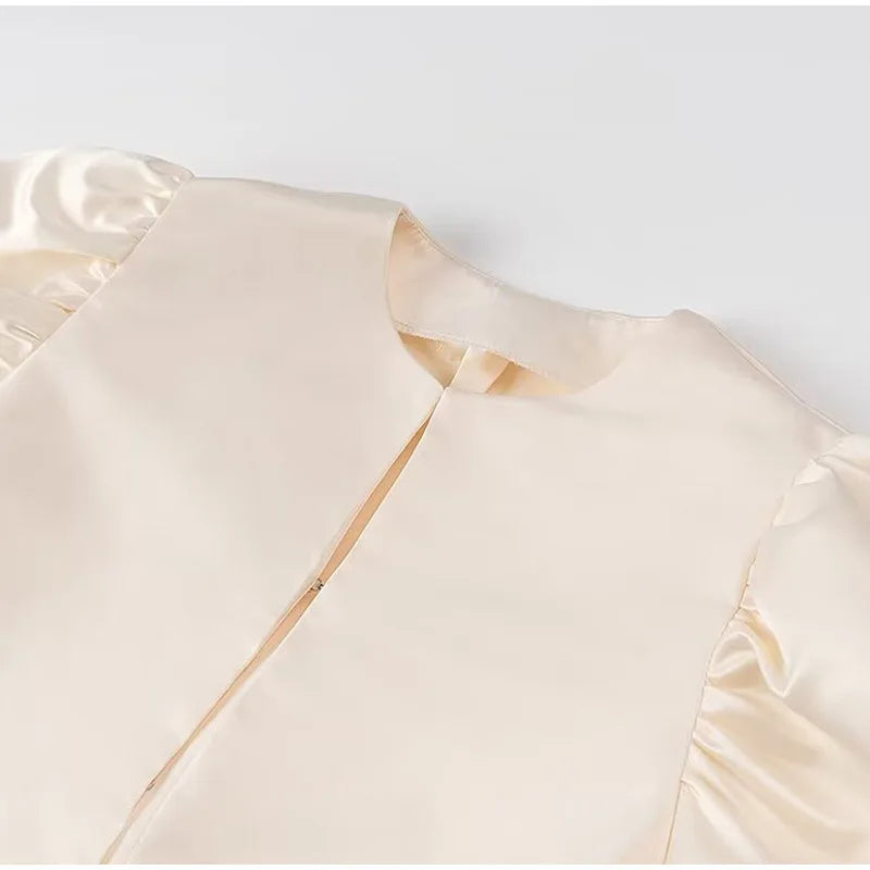 Spring Summer New Women's Fashion Casual Shirt Satin Bubble Sleeves Round Neck Loose Short Top Female Elegant Solid Blouses
