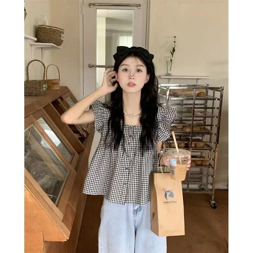 Women's Korean Style Cotton Summer Shirt - Breathable Square Neck Checkered Cute Loose Top with Small Flutter Sleeve