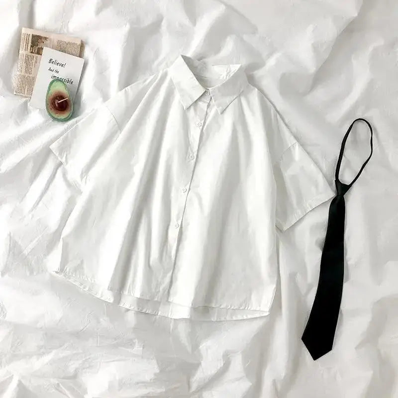 DAYIFUN 2025 White Shirt Women Blusas Short Sleeve Lapel Blouse with Tie Japanese Fashion Student Summer Daily College Style Top