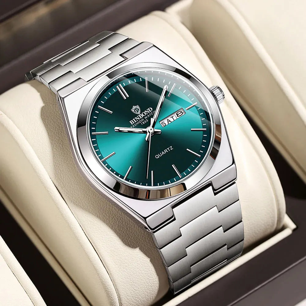 RBB Men’s Luxury Quartz Watch – Stainless Steel, Double Calendar, Waterproof, Business & Leisure Style