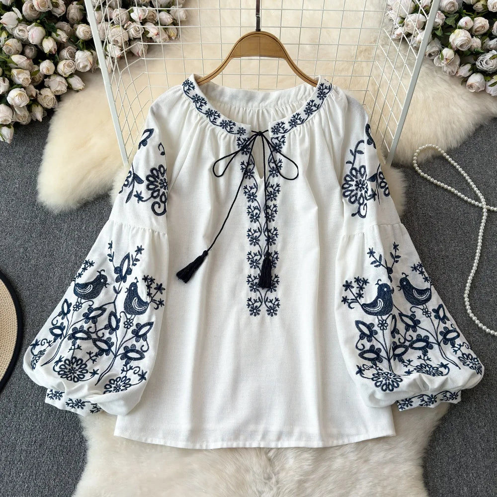 RBB Women's Retro Ethnic Embroidered Shirt –  Style Loose Long Sleeve Blouse