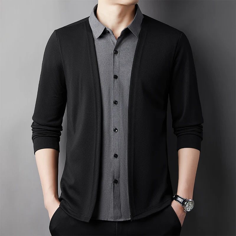 RBB Men’s Casual Long Sleeve Two-Piece Style Shirt – Comfortable Korean Fashion