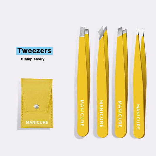 4Pcs Colorful Eyebrow Tweezers Set – Stainless Steel Slanted Hair Removal Tools