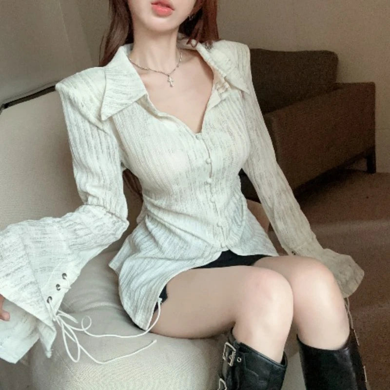 French Style Flare Sleeve Shirts for Women Retro Chic Lace-up Spring Autumn Elegant Feminine Sexy Tops Aesthetic Clothes Popular
