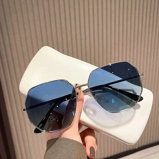 RBB Transparent Blue Polygonal Sunglasses – Large Frame Metal Driving Shades
