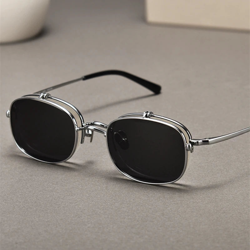 RBB Vintage Titanium Square Glasses Frame with Flip-Up Sunglasses – Semi Rimless Eyewear for Men & Women