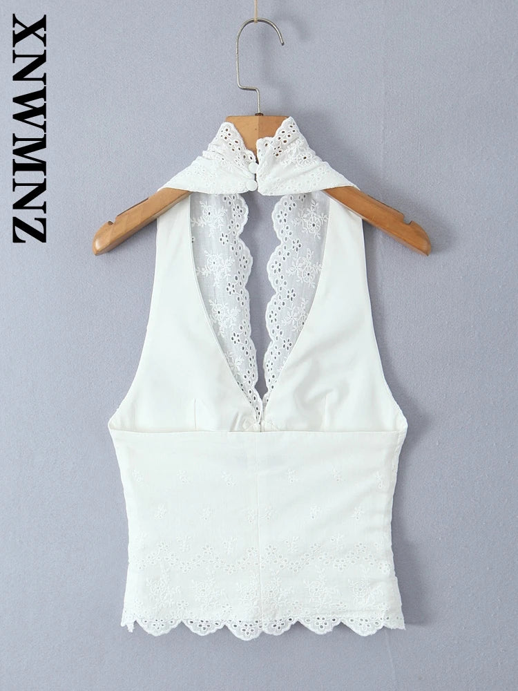 XNWMNZ 2024 Winter New Woman Elegant Halter Collar Waistcoat Vest Trendy Autumn Lady Sleeveless Gilet Hollow Out Regular Fit Top