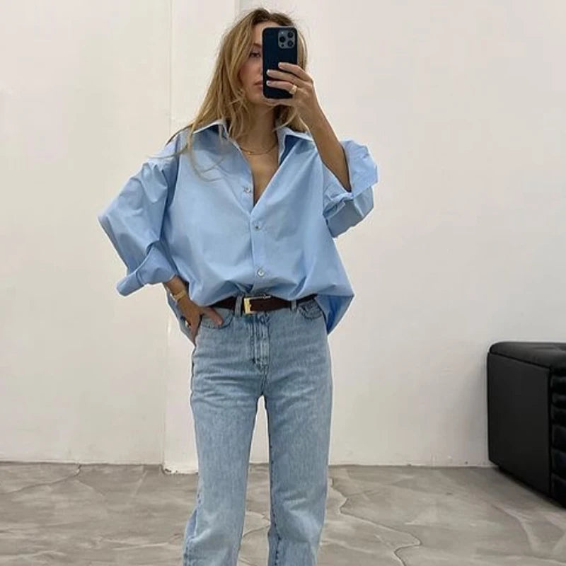 TRAF 2025 Women's Shirt Long Blue Shirt Women Spring Long Sleeve Oversize Shirts Blouses Korean Style Casual Button Up Shirts