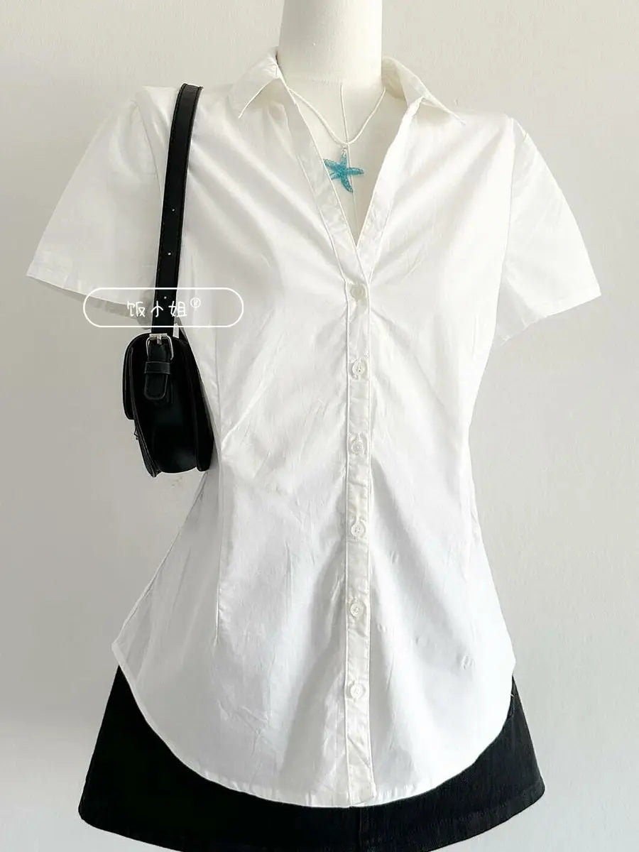 Preppy Style Fashion Turn Sown Collar V Neck Short Sleeve Blouse All Match Harajuku Simple Slim Fit Clothes Y2k Buttoms Tops
