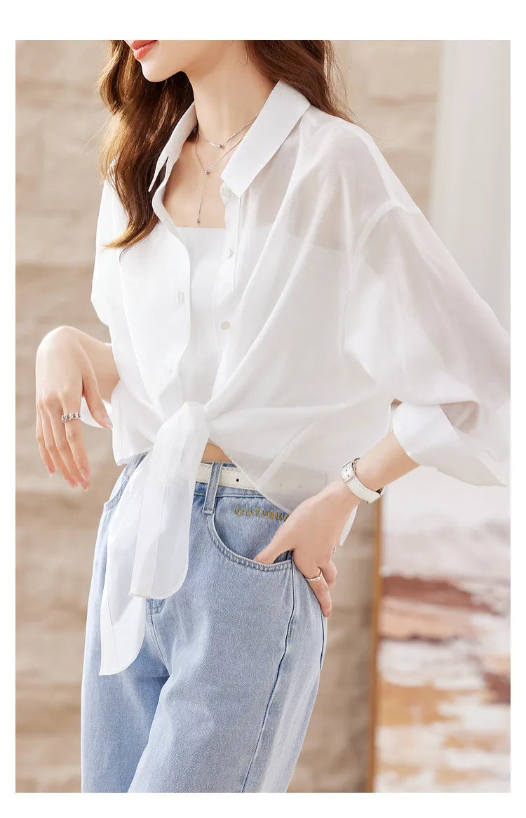 SENTUBILA Sheer Knot Shirts Women 2025 Elegant Casuals Long Drop Sleeve Button Up Shirts & Blouses Female Clothes 132C48674